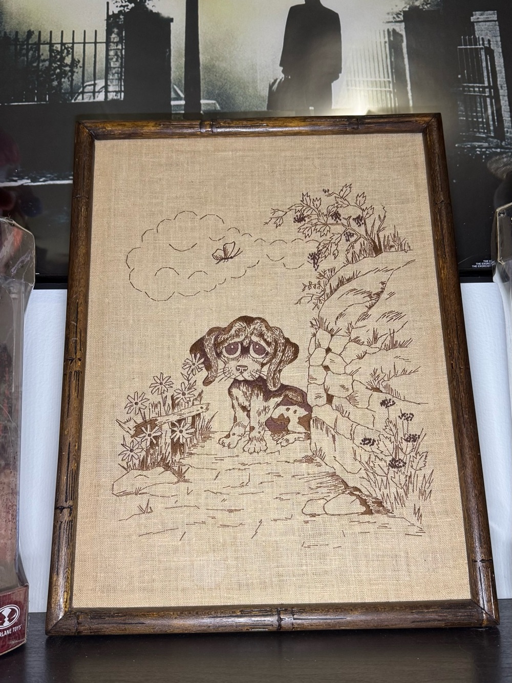 Vintage 1970s Wooden Framed Paragon Needle Crafts “Lost” Dog Art